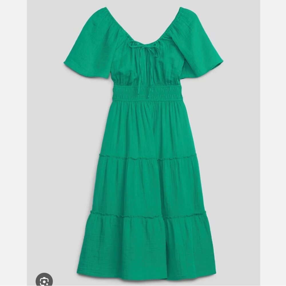 Gap Women’s Crinkle Gauze Tiered Midi Dress Size XS Green Milkmaid Beach N49